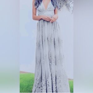 Pretty gray floral special occasion maxi dress - worn for maternity photoshoot
